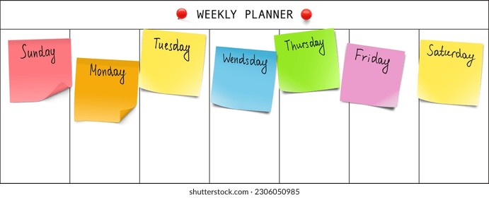 Weekly planner with memory notes. First day - Sunday. Vector illustration. Can be use for template your design, presentation, promo, ad. EPS10.