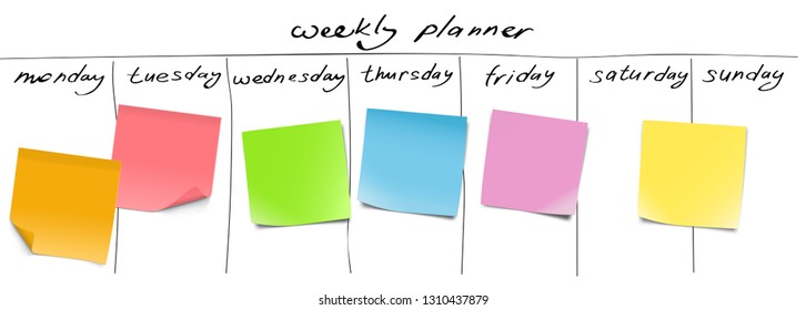 Weekly planner with memory notes and hand draw signs. Vector illustration. Can be use for template your design, presentation, promo, ad. EPS10.