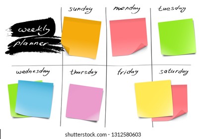 Weekly planner with memory notes. Vector illustration. Can be use for template your design, presentation, promo, ad. EPS10.