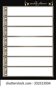 Weekly planner metallic gold thin line frame and black background template vector with copy space 
