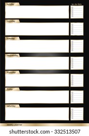 Weekly planner metallic gold thin line frame and black background template vector with copy space or empty space for writing