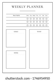 Weekly planner minimalist planner page design. Timetable to schedule event. Check goal, write note. Daily task bullet journal printable sheet. Personal organizer. Notebook vector template