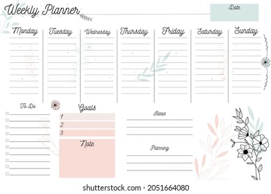 Weekly planner. Minimalistic design with pastel colors. Weekly planner with handmade flowers, notes, stationery organizer for daily plans, floral vector weekly planner template, timetable