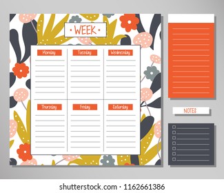 Planner semanal con elementos florales modernos. Plantilla de diseño de programación