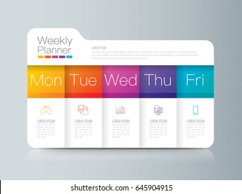 Weekly planner Monday - Friday infographics design vector and marketing icons with 5 options, steps or processes.