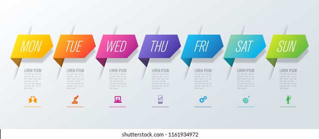 Weekly planner Monday - Sunday infographics design vector and marketing icons with 7 options, steps or processes.