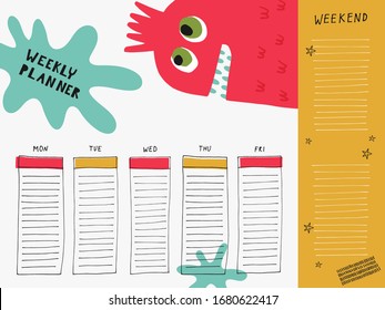 Weekly planner with monster: Templates for planner. Hand drawn graphic for typography. Vector illustration in yellow and red.