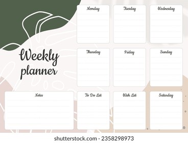 Planificador semanal con plantas. Beige, verde y blanco. Ilustración vectorial.