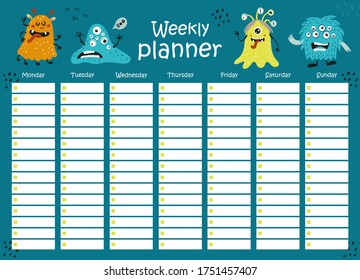 Weekly planner with monsters for kids schedule design template.