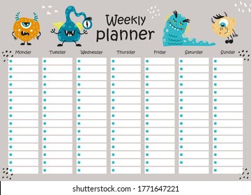 Weekly planner with monsters for kids schedule design template.