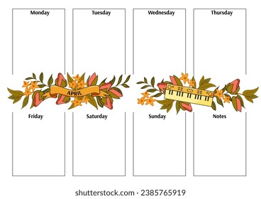 Weekly planner for the month of April with synthesizer. Vector illustration EPS10