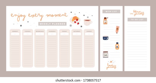 Weekly Planner With Motivation Phrases. Enjoy Every Moment, Love Yourself, Believe In Yourself. Wish List, To Do List. Set Of Stationery Digital Prints. Follow Your Dreams. Flat Lay, Organizer Mock Up