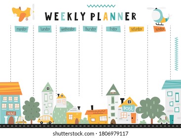 Weekly planner with nordic little town in doodle cartoon style. Kids schedule design template with cityscape. Vector illustration.