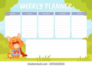 Weekly Planner with Note and Reminder Space with Cat Superhero Vector Template