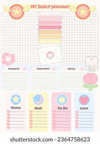 Weekly planner note sheet with kawaii cute rabbit animal cartoon character 