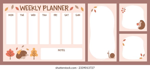 Weekly planner and note sheets for kids with cute hedgehog and snail. Autumn theme school timetable. Class schedule for elementary school students. Fall theme pages. Vector hand drawn illustration.