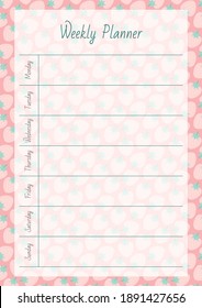Weekly Planner. Notebook page on a background of a cute strawberry pattern. Vector 10 ESP.