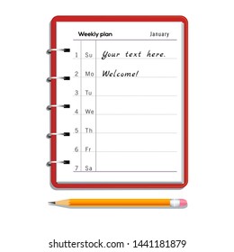 Weekly planner notebook with text and pencil with eraser isolated on white background, business concept
