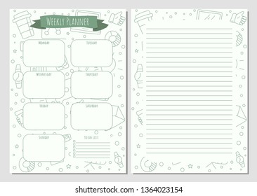 Weekly planner and notes with a business elements made in doodle style, template page.