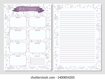 Weekly planner and notes with a charts elements made in doodle style, template page.