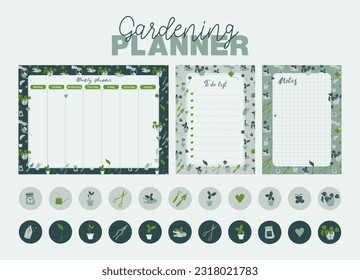 Weekly planner, notes, to do list and stickers decorated with home gardening elements. Scheduler and organizer for plant lover. Retro style green stationery. Vector illustration.