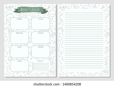 Weekly planner and notes with a music elements made in doodle style, template page.