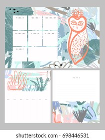 Weekly planner and notes set. Hand drawn brush strokes. Owl drawing. Abstract tropical background in pastel colors. Ginkgo biloba leaves. 