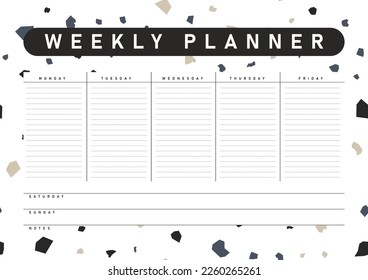 Weekly planner, notes, stationery organizer for daily plans, with terrazzio background. Vector weekly planner template, schedules.