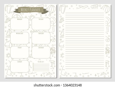 Weekly planner and notes with a travels elements made in doodle style, template page.