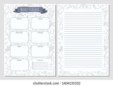Weekly planner and notes with a vegetables elements made in doodle style, template page.