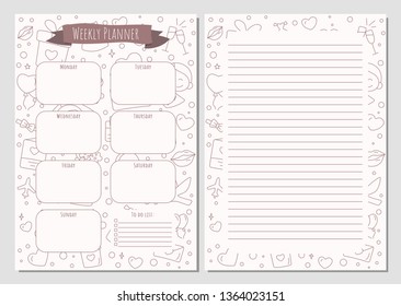 Weekly planner and notes with a wedding elements made in doodle style, template page.