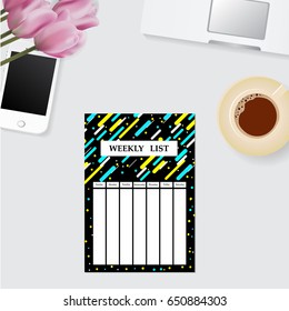 Weekly planner on desktop with coffee, phone and laptop. Vector stock.