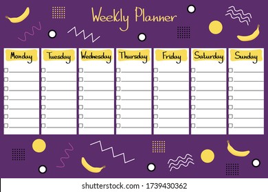Planner semanal sobre un fondo morado al estilo memphis. Planificador semanal con un lugar para escribir una lista semanal de tareas pendientes. Planificación del trabajo diario