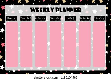 Weekly planner on the star pattern background in pink and black color theme. Perfect for school, univercity, bullet journal, planners, etc.