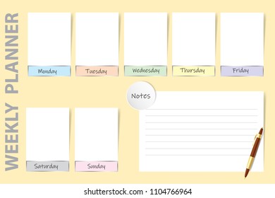 Weekly planner on the yellow background with a pen, chart for notes and white charts for each day of the week ready for your text. 