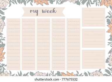 Weekly planner with orange flowers, stationery organizer for daily plans, floral vector weekly planner template, schedules. Illustration hand drawn.