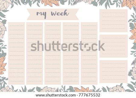 Weekly planner with orange flowers, stationery organizer for daily plans, floral vector weekly planner template, schedules. Illustration hand drawn.
