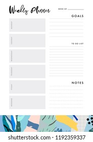 Weekly Planner. Organiser and Schedule with place for Notes, Goals and To Do List. Template design. Vector