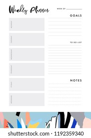 Weekly Planner. Organiser and Schedule with place for Notes, Goals and To Do List. Template design. Vector