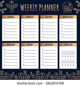 Weekly Planner, Organizer in Christmas style. Calendar for Week with Schedule for Time Planning with Space for Text for School, University. Mistletoe, Glass Ball, PineCone, Gift, House, Christmas tree