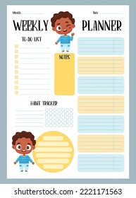 Weekly planner. Organizer, to-do list, notes and habit tracker with cute cartoon black ethnic boys. Vector vertical template for print, design, decor, kids collection, stationery