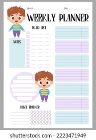 Planificador semanal. Organizador, lista de tareas pendientes, notas y rastreador de hábitos con alegres chicos adorables de dibujos animados. Plantilla vertical vectorial para impresión, diseño, decoración, colección infantil, papel