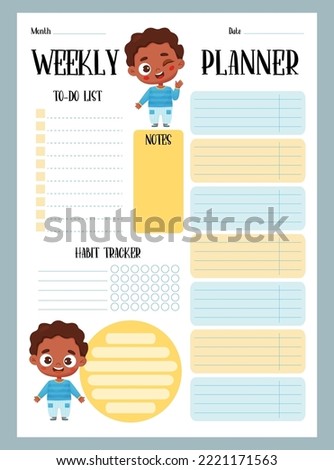 Weekly planner. Organizer, to-do list, notes and habit tracker with cute cartoon black ethnic boys. Vector vertical template for print, design, decor, kids collection, stationery