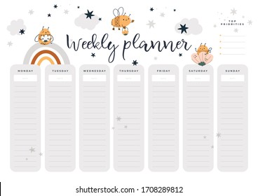 Weekly planner page with baby honey bees in cartoon style. Student, kids, stationery digital print.  Flat lay, organizer mock up. Pastel colors. Back to school design. Vector illustration