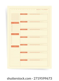 Página semanal do planejador com programação diária, entrada de água e rastreador do sono, escala de humor e notas. Modelo de organizador quente bege mínimo para o bem-estar, autocuidado, produtividade e projeto de gerenciamento de tempo