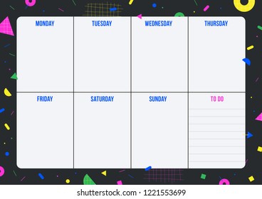 Weekly planner page with geometric shape in Memphis style. Template for organizer, notes, print, office and school. Vector background.