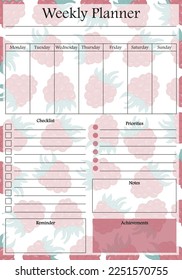 Weekly planner page on raspberry pastel background. Event, project planner template, budget, schedule, checklist, reminder, notes, priorities. Time management concept. Vector illustration