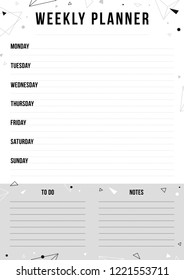 Weekly planner page with place for notes. Black and white background with geometric shape. Vector monochrome template page for print, office, school. 