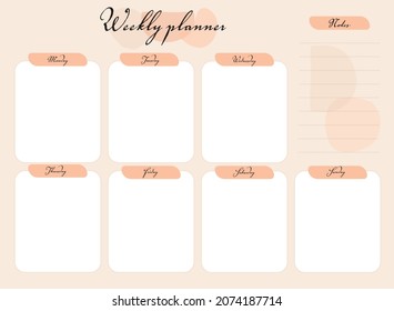 weekly planner page with place for notes on light pink background. Good for prints, organizers, cards, posters, planners, etc. EPS 10