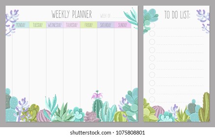 Weekly planner page realistic template design with to do list and succulent plants bottom border vector illustration 